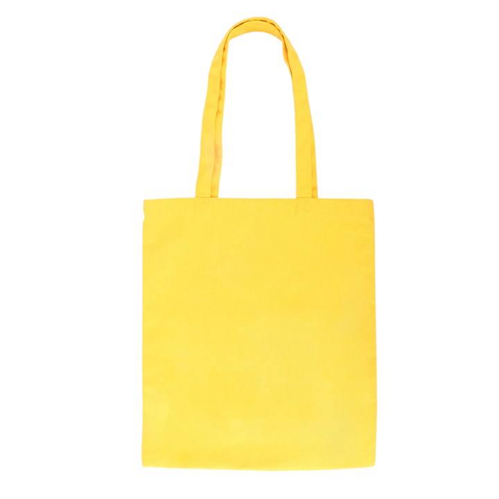 A plain yellow canvas tote bag with two long handles, shown against a solid white background.