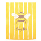 A square decorative print or card featuring a yellow and white vertically striped background with a central bumblebee illustration and the words 'Busy Bee' in script near the bottom.