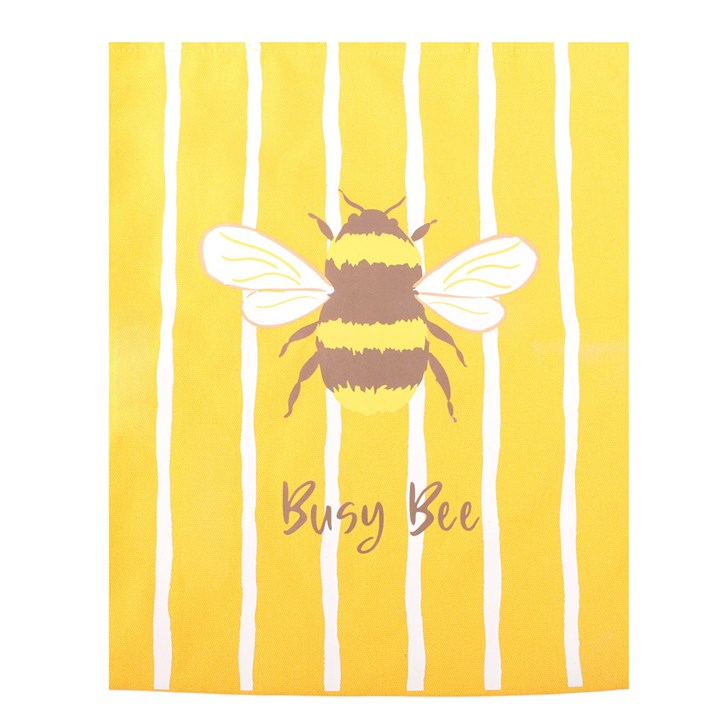 A square decorative print or card featuring a yellow and white vertically striped background with a central bumblebee illustration and the words 'Busy Bee' in script near the bottom.