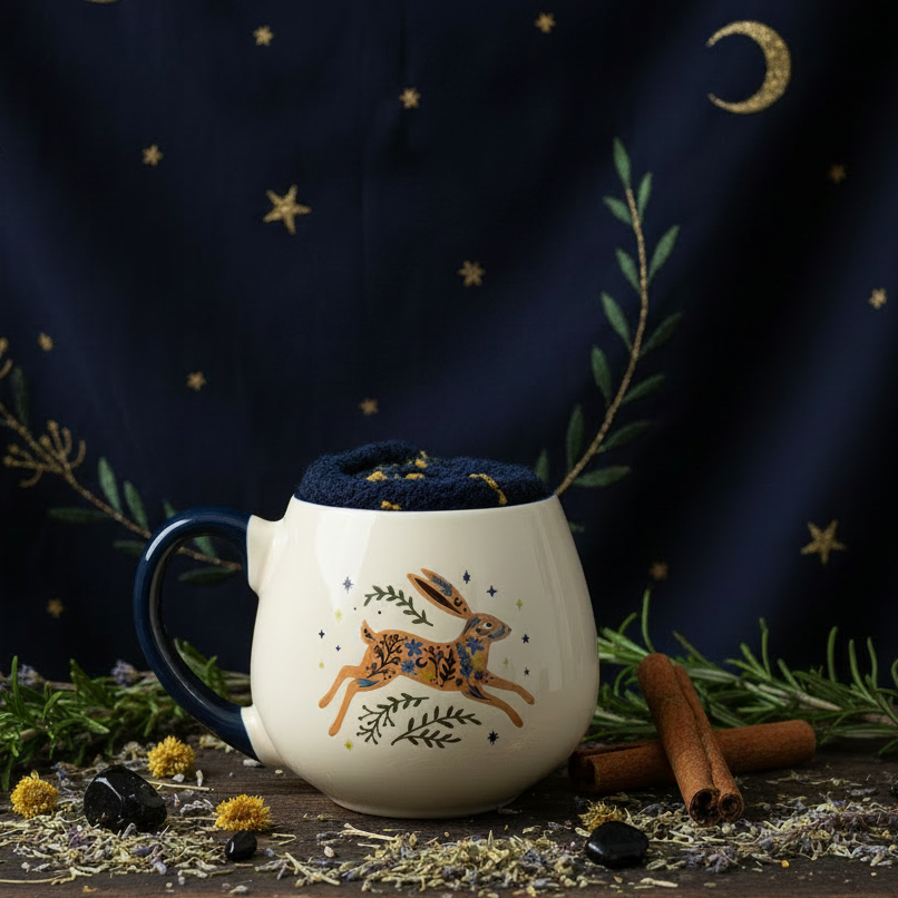A cream-colored ceramic mug with a navy blue handle and interior, decorated with a colorful patterned rabbit and botanical motifs. The mug is filled with a navy blue textured fabric liner and sits on a round wooden tray alongside cinnamon sticks, with a blurred green plant in the background.