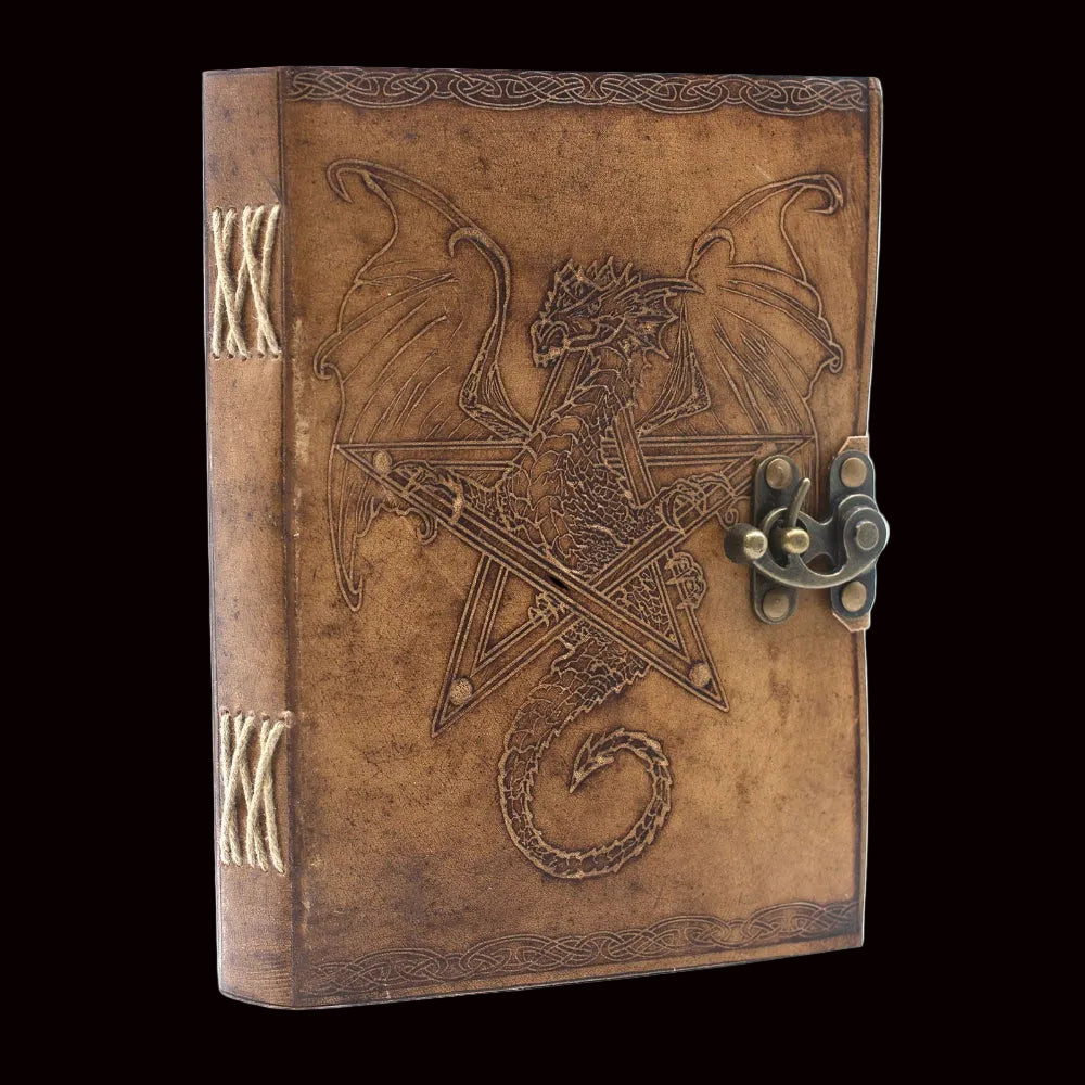 Decorative leather-bound book with dragon design and latch on a white background