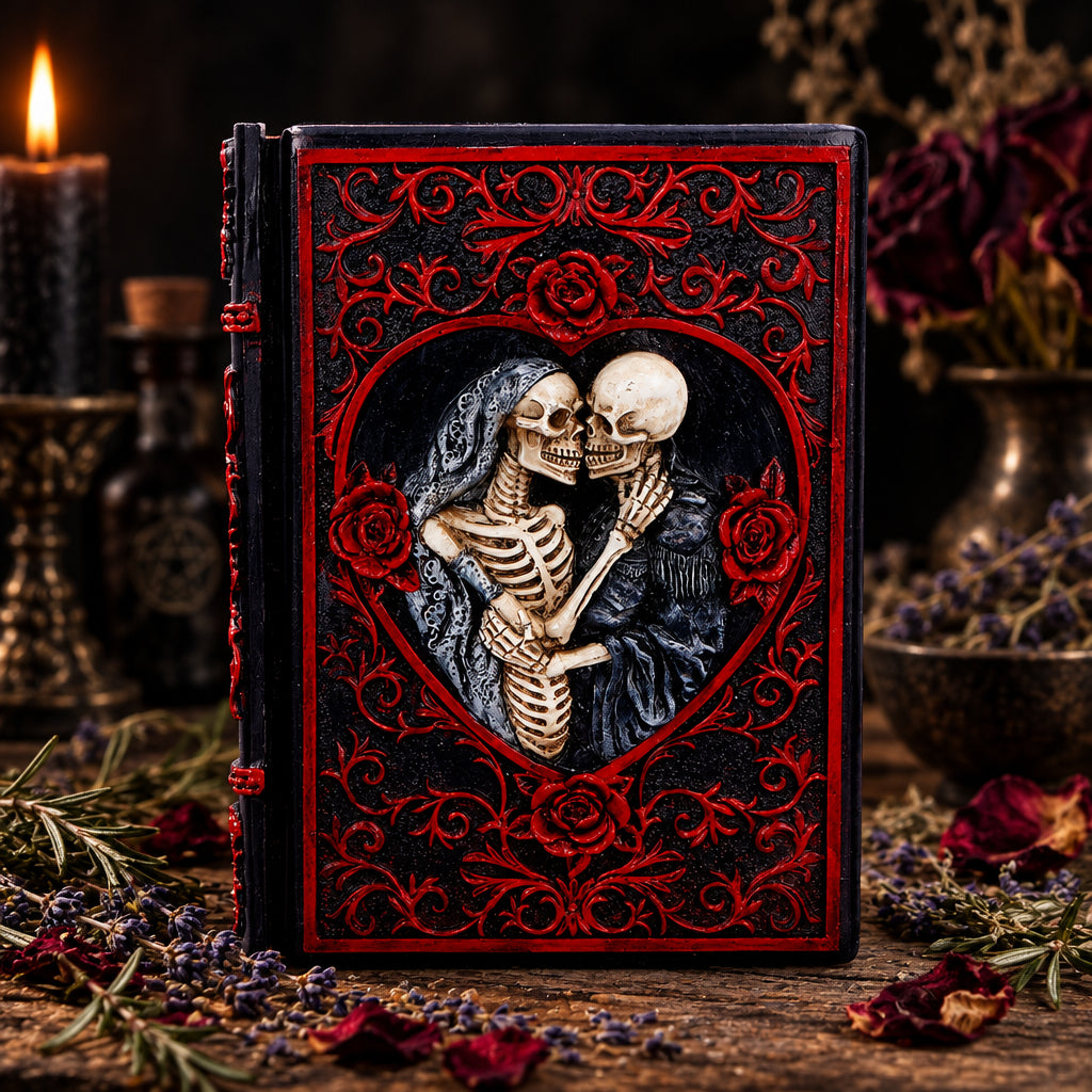 Decorative notebook with skeleton couple design on a dark background with red roses.