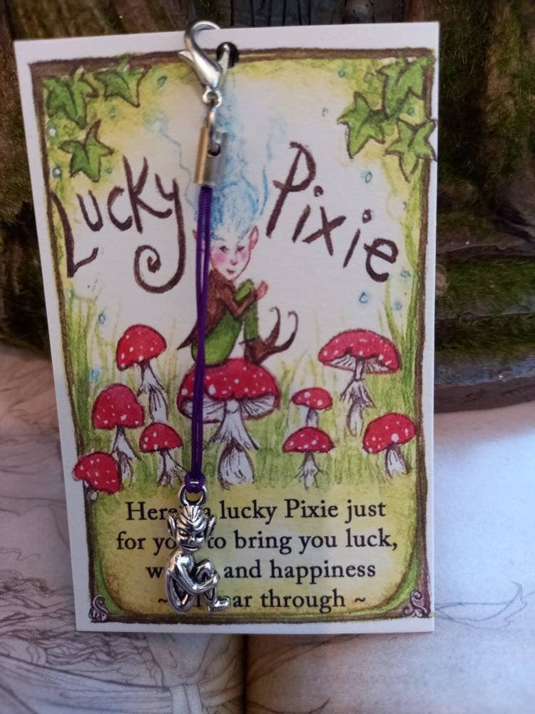 A Lucky Pixie charm with a silver heart and purple string, hanging from a card that features an illustration of a pixie among red mushrooms and the text 'Lucky Pixie'.