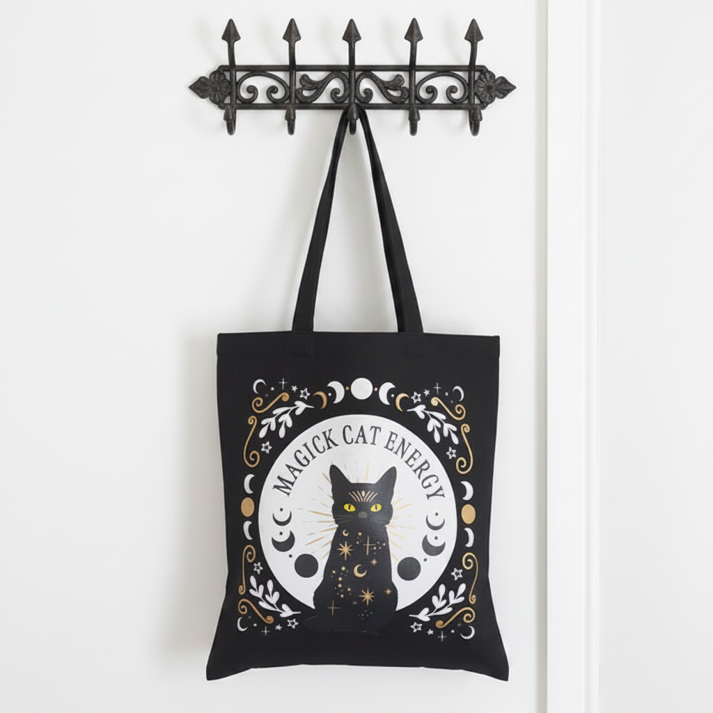 Black tote bag with a cat design and 'Magick Cat Energy' text hanging on a metal hook.