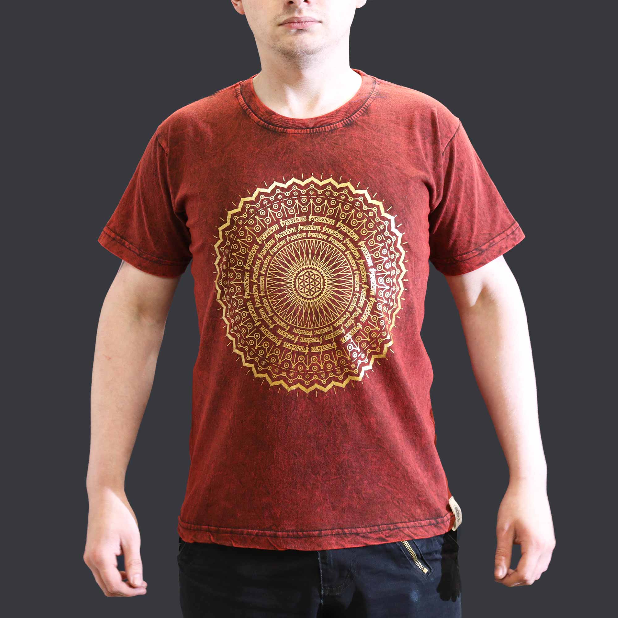 Mandala Stone Washed T-Shirt - Maroon - Small