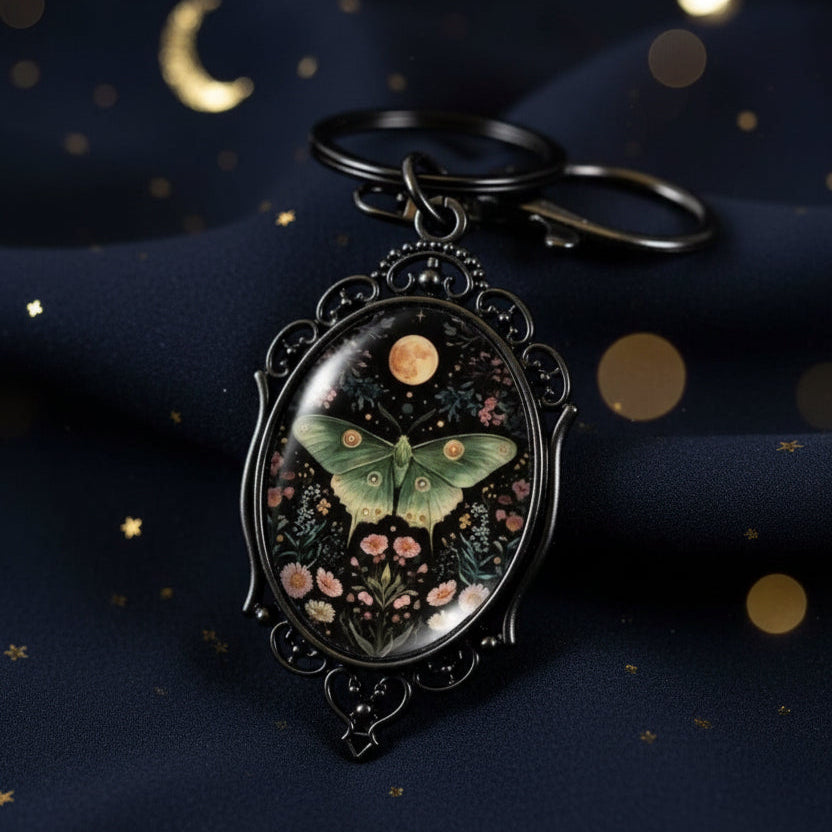 An ornate oval keychain pendant with a black filigree frame, featuring a moth and floral design under a moon on a dark background, resting on a white stone.