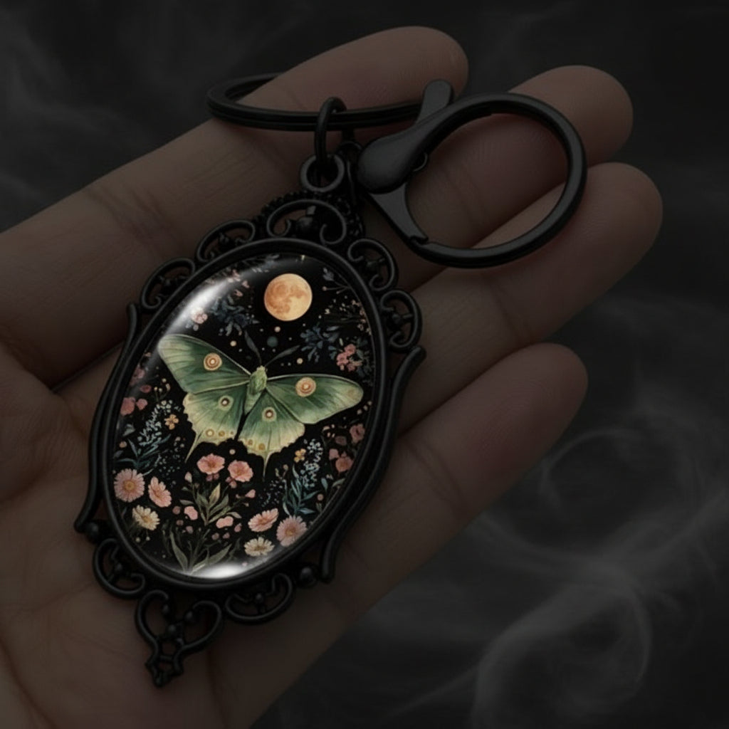 A close-up of a hand holding a black metal keychain with an ornate oval pendant. The pendant features a dark fantasy-style illustration of a green butterfly surrounded by small flowers under a moonlit sky with a moon and sun.
