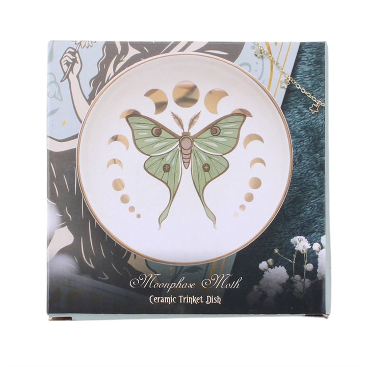 Ceramic triple dish featuring a moonphase moth design, presented in its illustrated packaging box.