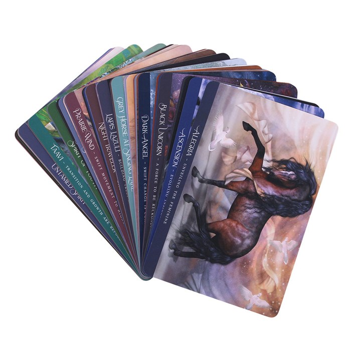 Set of tarot cards with a horse illustration on one card, on a white background