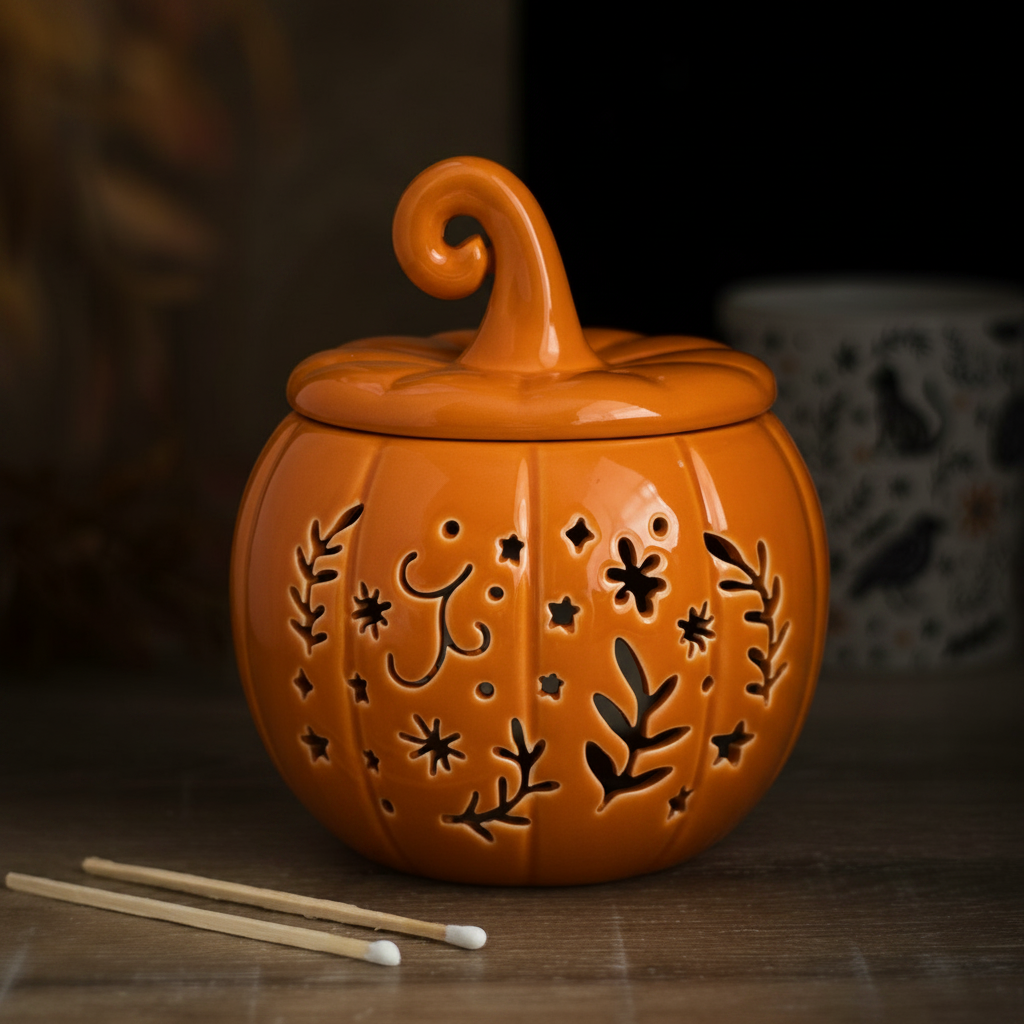 Pumpkin-shaped candle holder with decorative cutouts on a wooden surface.