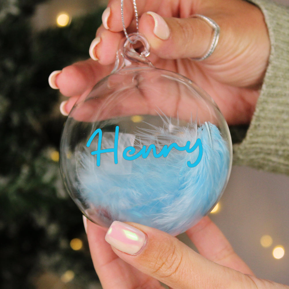 Personalised Blue Feather Bauble