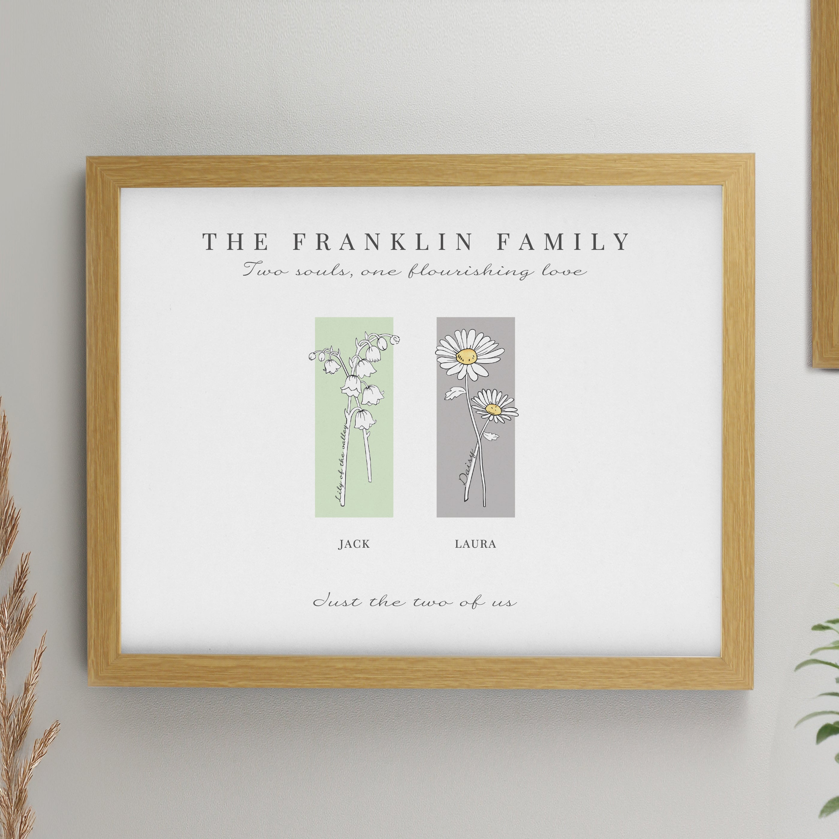 Eleanoras Personalised Birth Flower Family of 2 Oak Framed Print Framed Prints