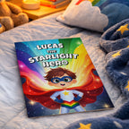 Children's book titled 'Lucas the Starlight Hero' on a bed with star-themed bedding.