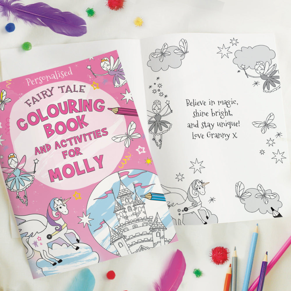 Personalized fairy tale coloring book for Molly with coloring pages and crayons on a white background