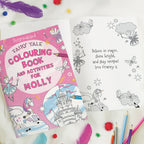 Personalized fairy tale coloring book for Molly with coloring pages and crayons on a white background