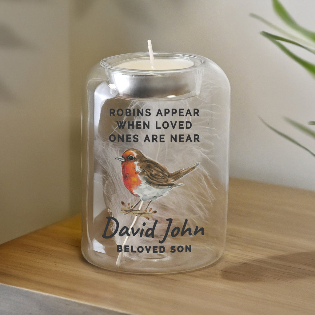 Personalised Robin Memorial Tealight Holder | Feather Glass Keepsake
