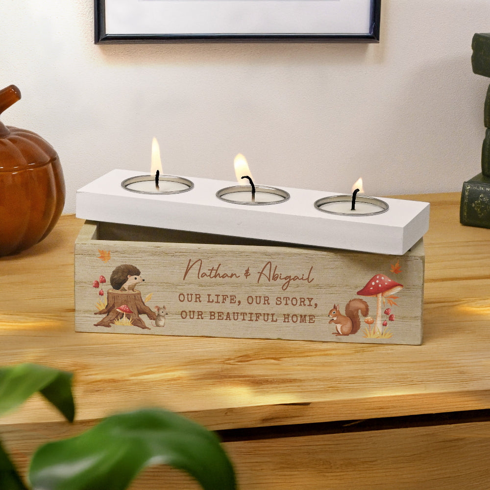 Personalised Woodland Triple Tea Light Box | Custom Rustic Gift
