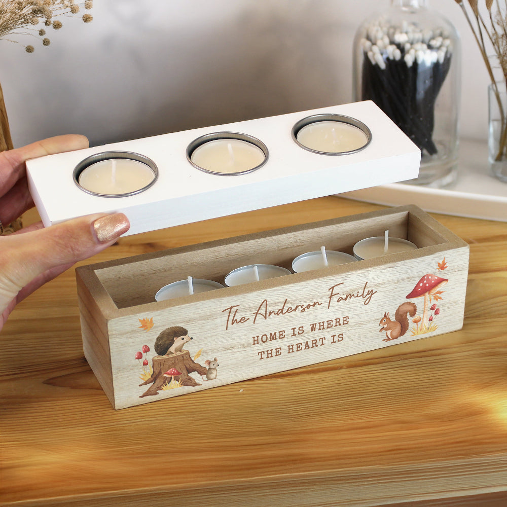 Personalised Woodland Triple Tea Light Box | Custom Rustic Gift