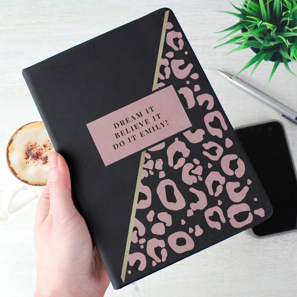 Eleanoras Personalised Leopard Print Black Hardback Notebook Notebooks