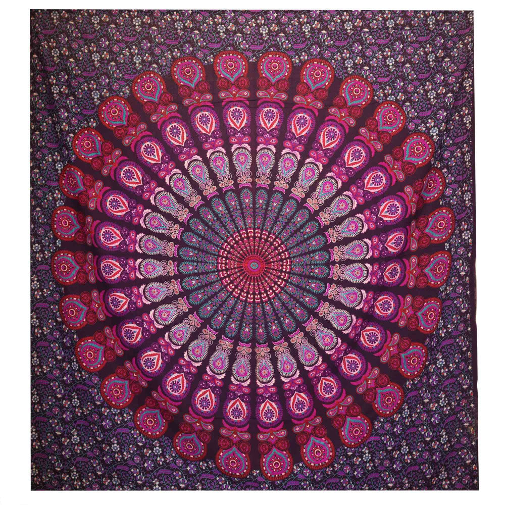 Colorful mandala tapestry with intricate patterns on a dark background