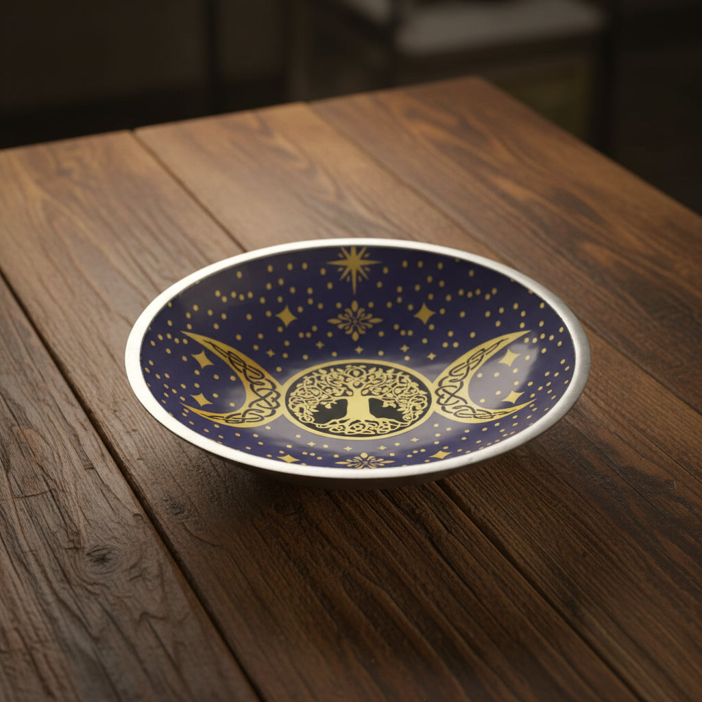 Decorative plate with tree of life and moon phases design on a blue background with stars.