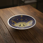 Decorative plate with tree of life and moon phases design on a blue background with stars.