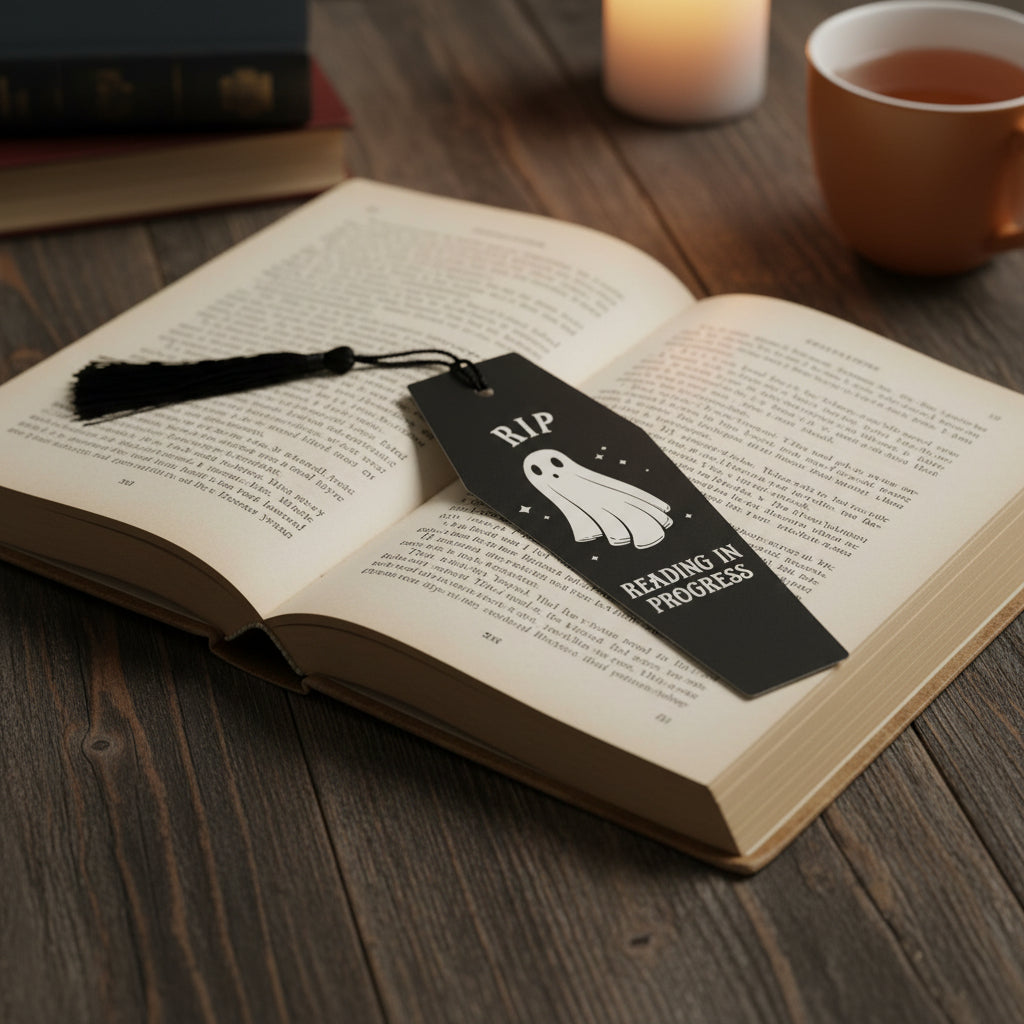 Black bookmark with ghost illustration and 'RIP Reading in Progress' text on a book