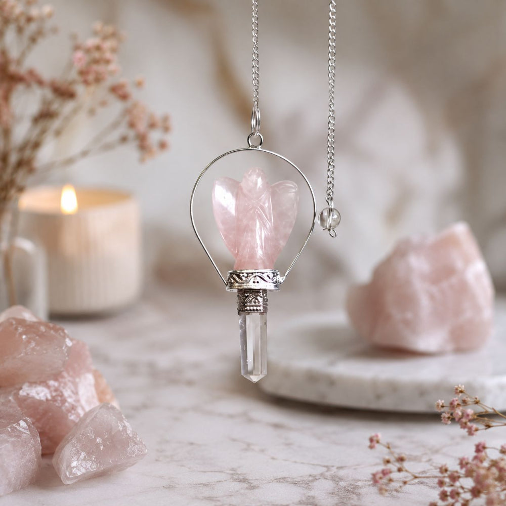Rose Quartz Angel Pendulum with Ring