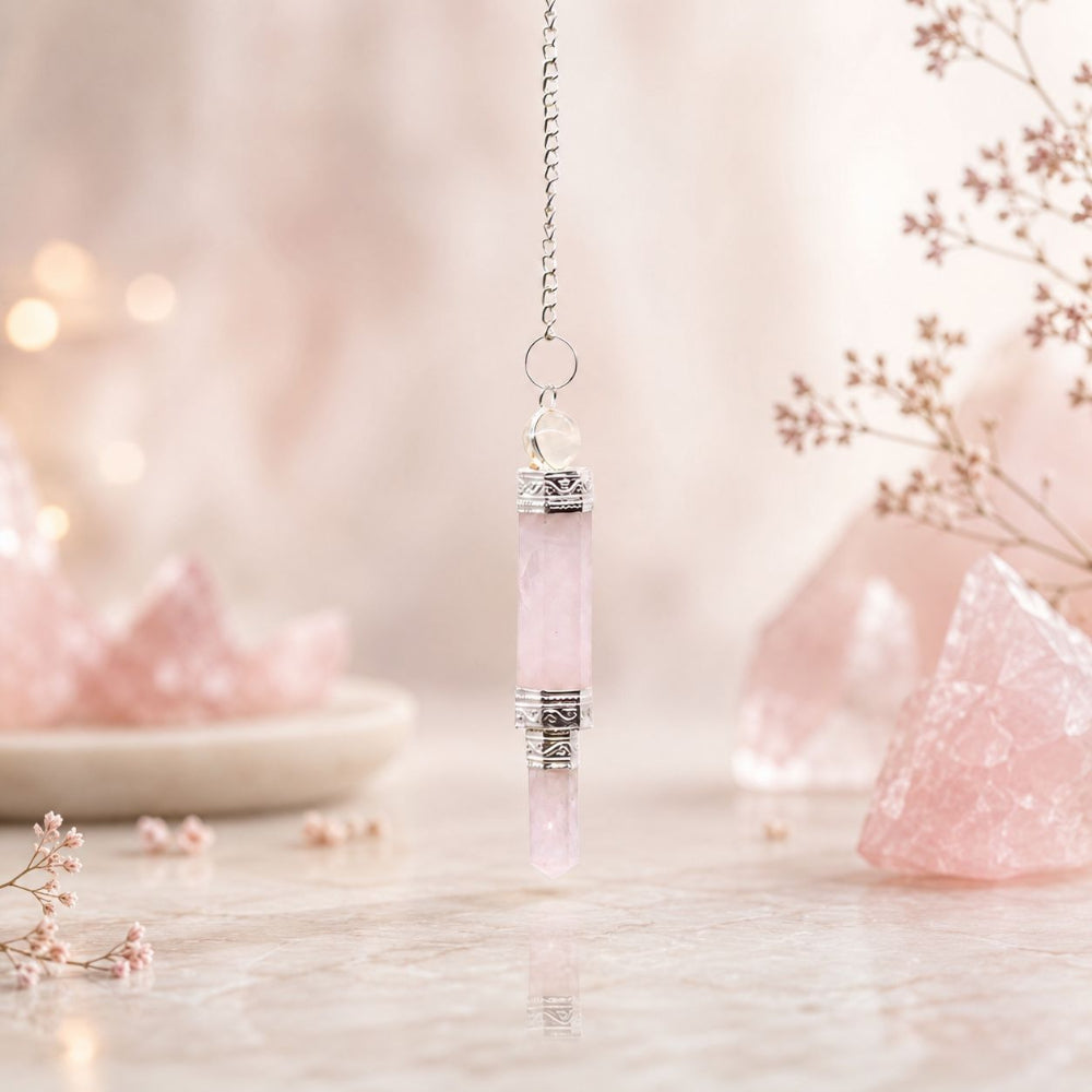 Pink crystal pendant on a chain with a soft, blurred background