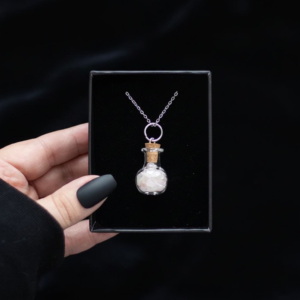 Eleanoras Love Rose Quartz Crystal Chip Potion Bottle Necklace Jewellery