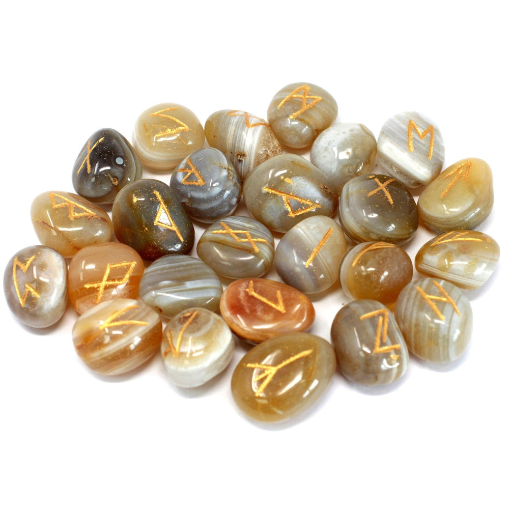 Banded Agate Runes Stone Set in Pouch