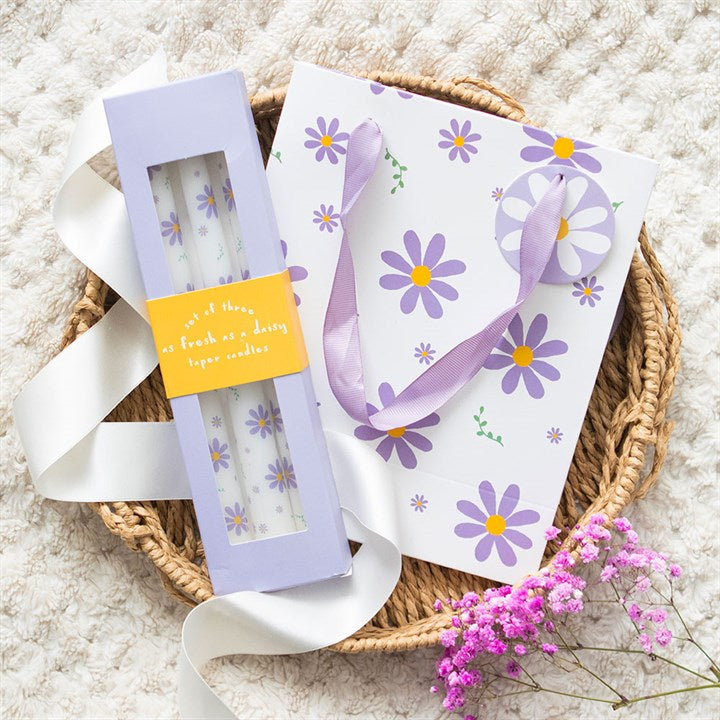 Eleanoras Set of 3 Purple Daisy Taper Candles 