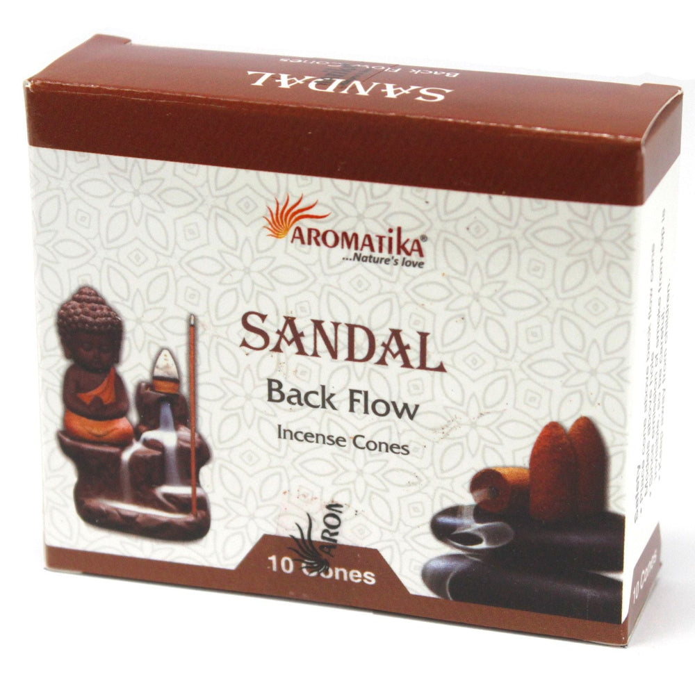 Box of Aromatika Sandal Back Flow Incense Cones on a white background