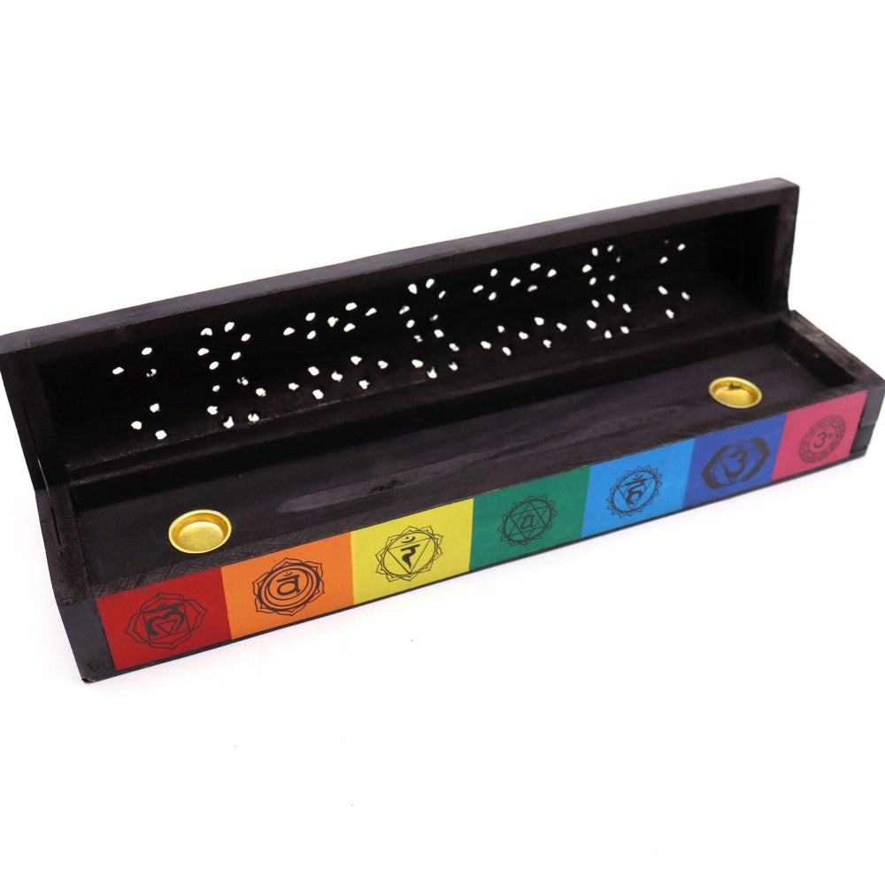 Incense holder with seven colored sections and symbols on a white background