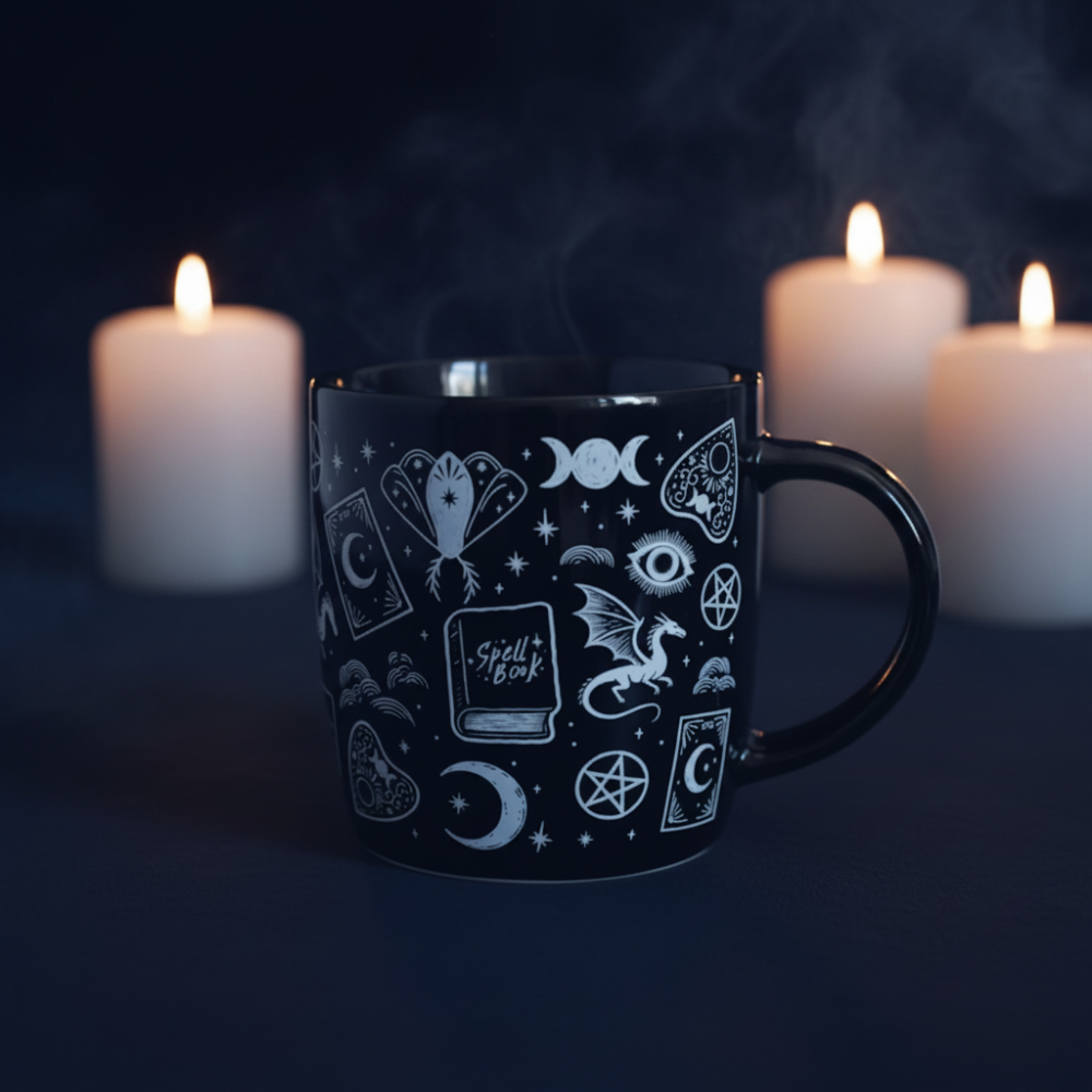A black ceramic mug decorated with white occult-themed illustrations, including a pentagram, tarot cards, a crescent moon, and a book labeled 'Spell book', set on a white surface with blurred candles and a heart-shaped altar candle holder in the background.