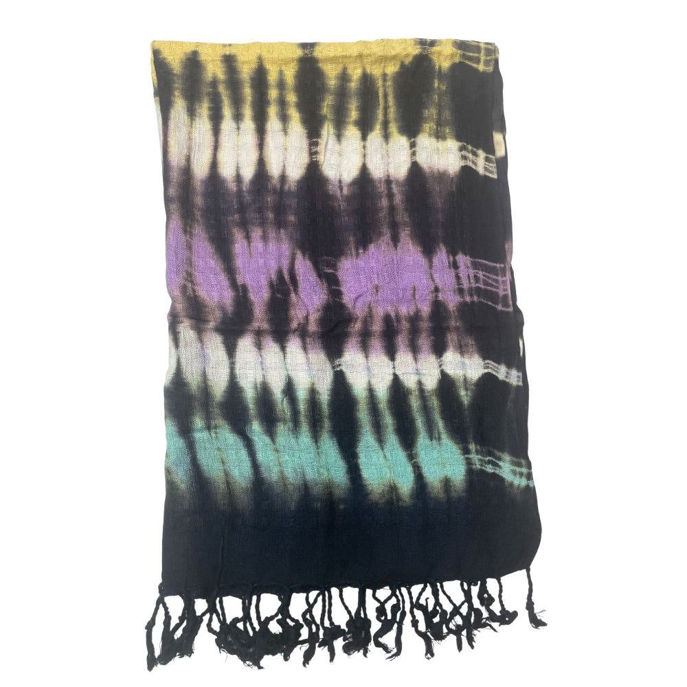 Tie-dye scarf with black, purple, and teal pattern on a white background