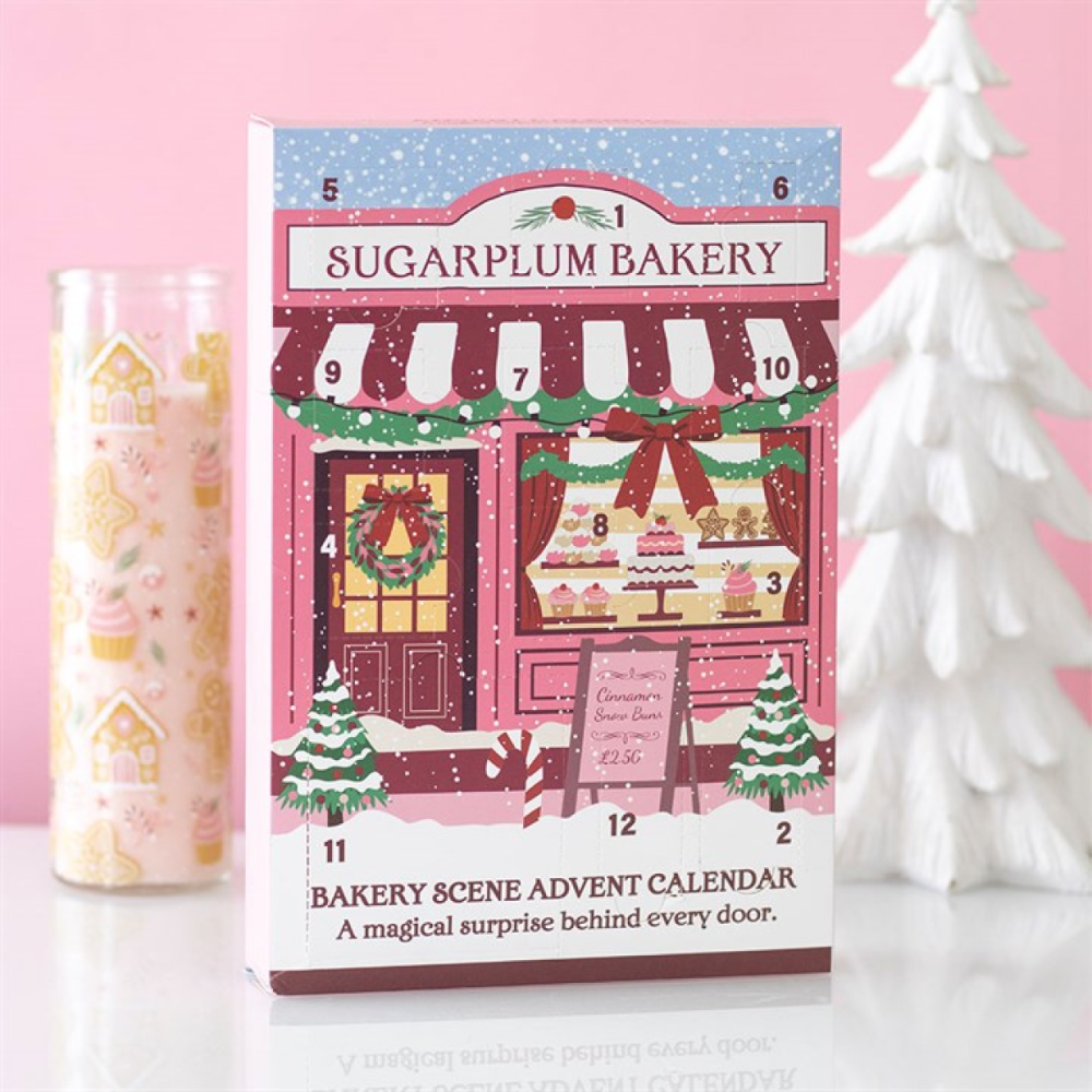 Bakery-themed advent calendar with a pink background and Christmas decorations.