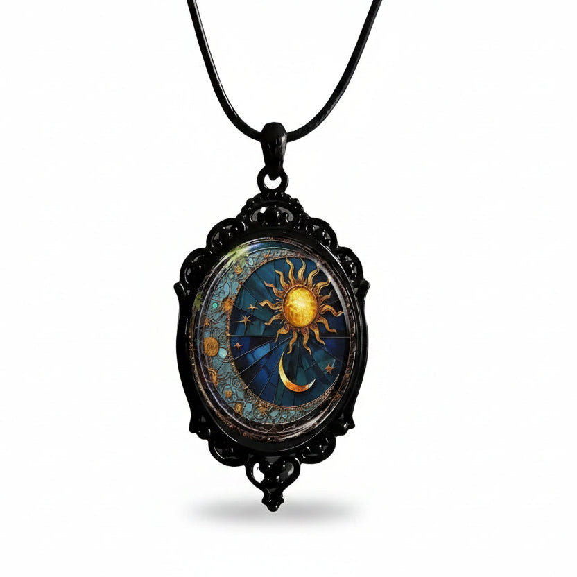 Oval Sun And Moon Glass Pendant Necklace