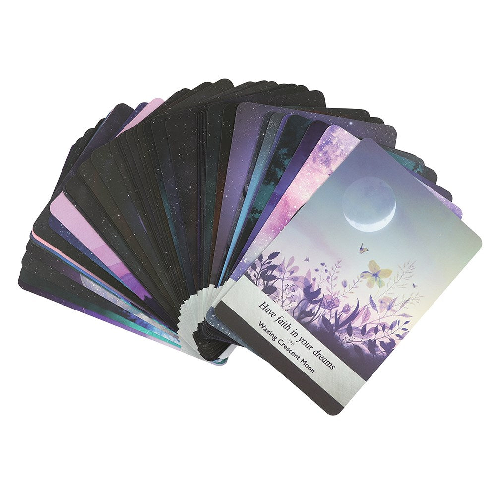Moonology Oracle Cards sample cards showing lunar wisdom and celestial artwork by Nyx Rowan