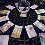 Crystal ball on a tarot card spread with astrological symbols