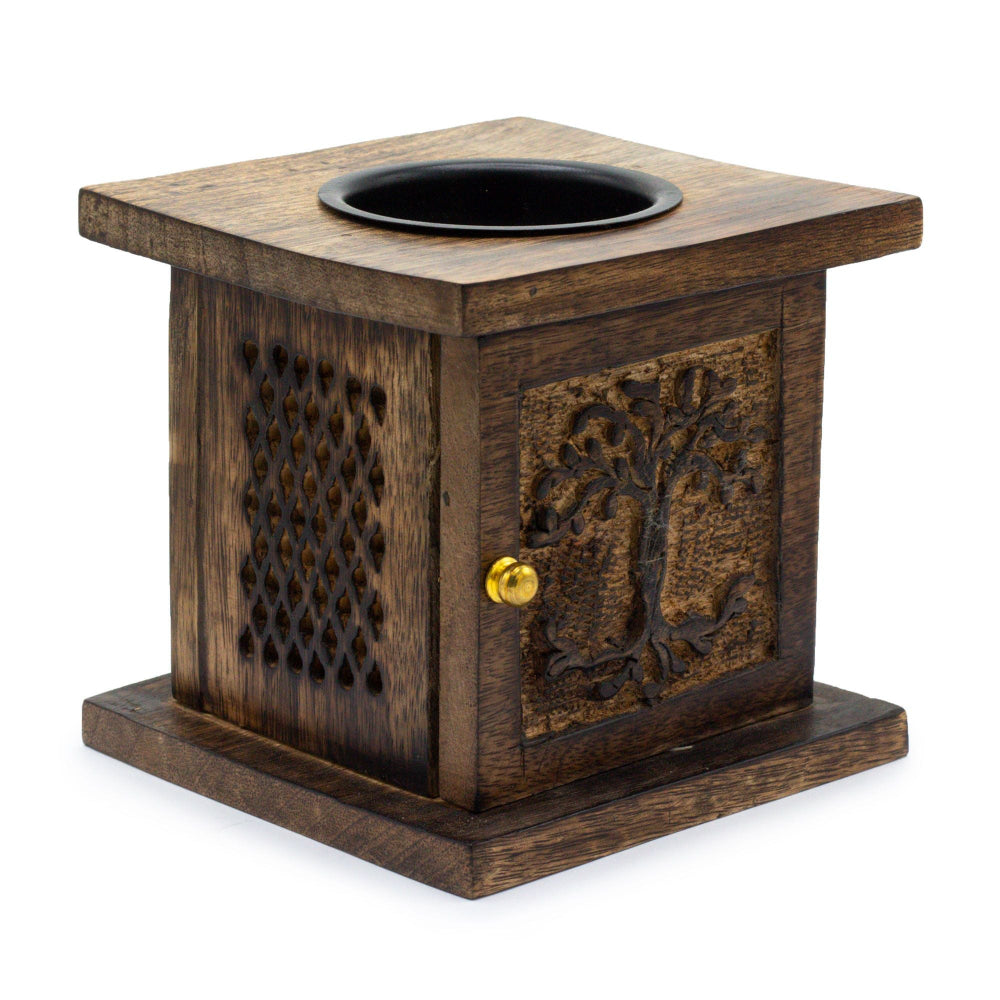Wooden square incense burner with decorative carvings on a white background