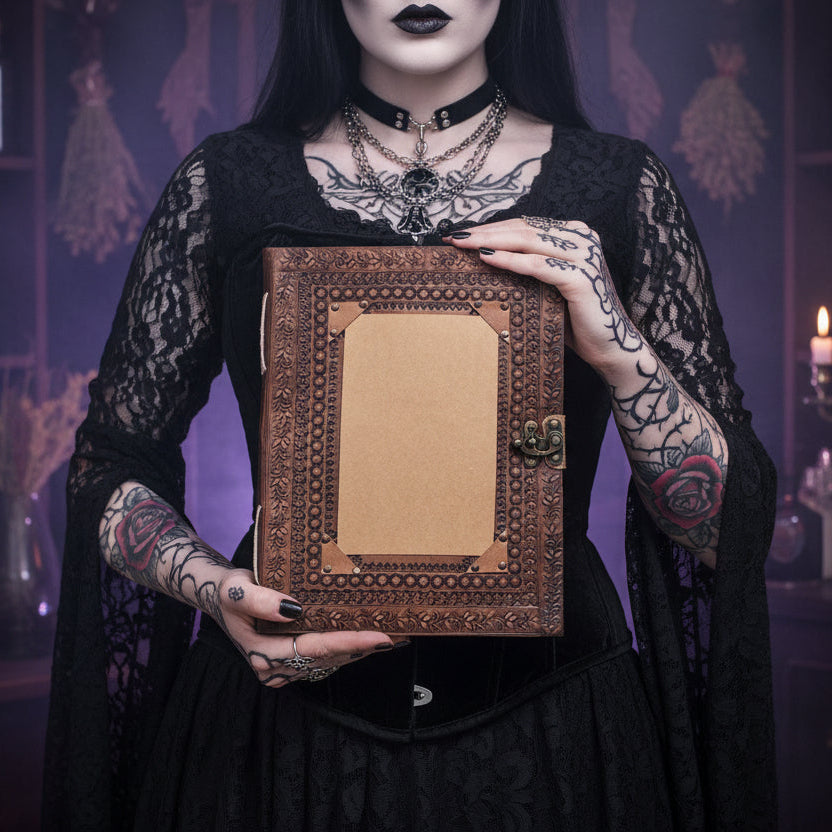 Person holding a decorative brown leather-bound book against a green leafy background