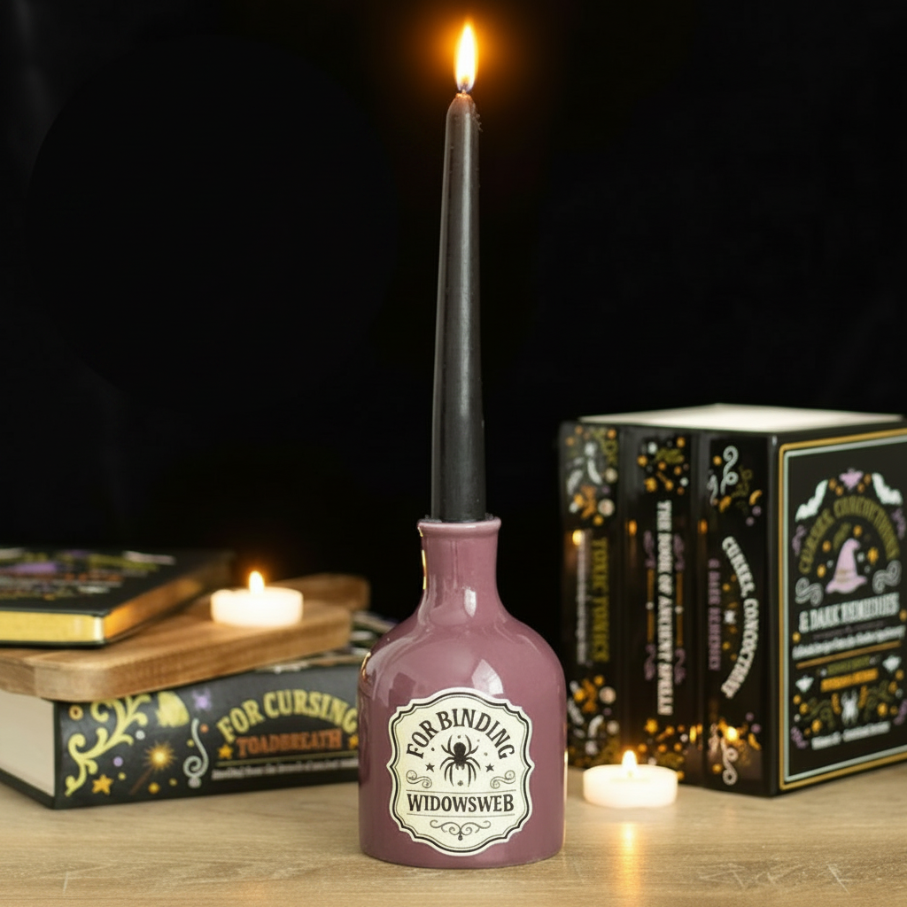 Purple bottle candle holder with 'For Binding Widowsweb' label on a wooden surface with books and candles.