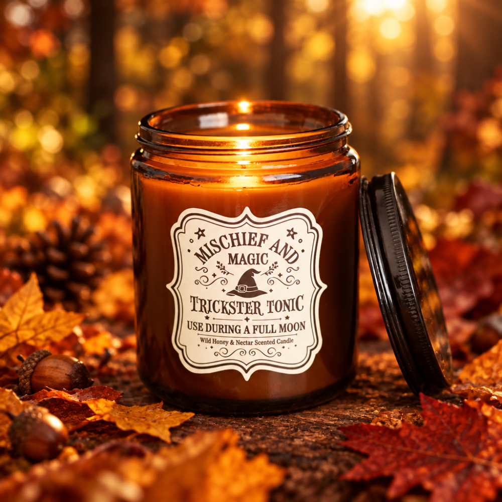 Candle jar with a label reading 'Mischief and Magic Trickster Tonic' on a wooden surface.