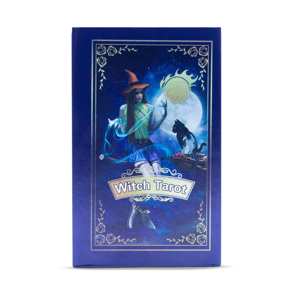 Witch Tarot card deck packaging with a blue background and tarot card design.