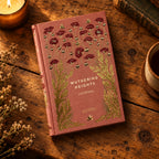 A hardcover journal titled 'Wuthering Heights Journal' by Chanticleer Press, featuring a dusty rose cover decorated with gold foil grass and dark red poppy illustrations.