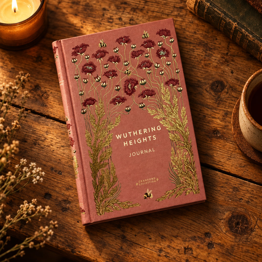A hardcover journal titled 'Wuthering Heights Journal' by Chanticleer Press, featuring a dusty rose cover decorated with gold foil grass and dark red poppy illustrations.