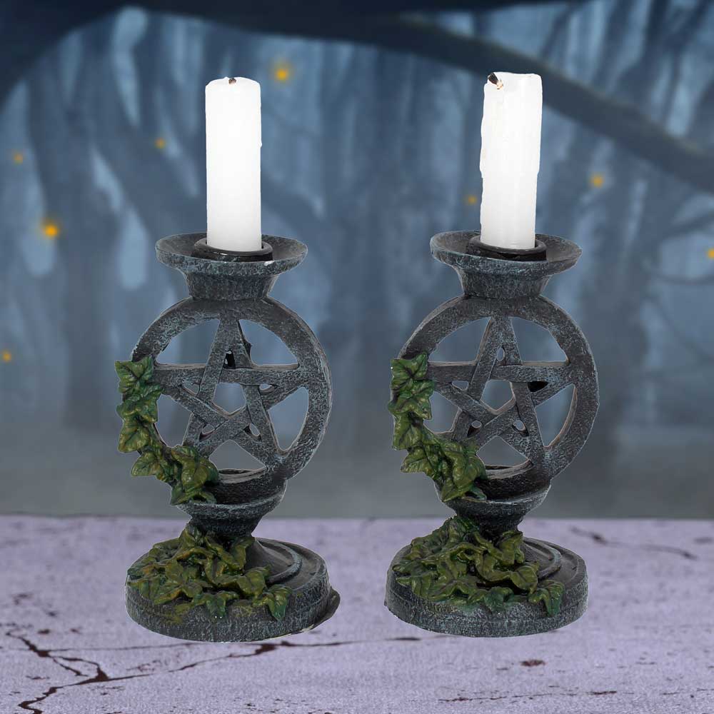 Aged Ivy Pentagram Candlesticks, Pair