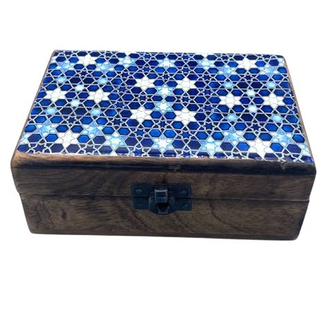 Blue Stars Medium Ceramic Glazed Wood Box