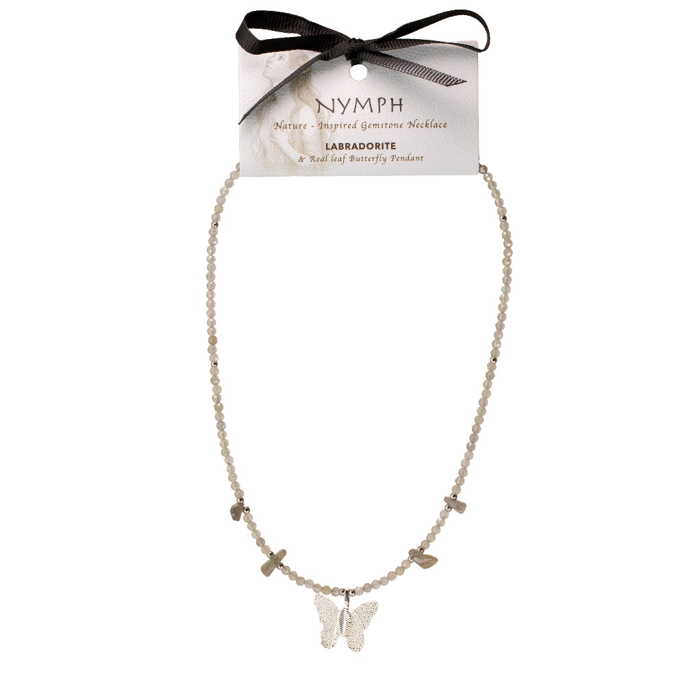 Nymph Labradorite Gemstone Necklace | Real Leaf Butterfly Pendant